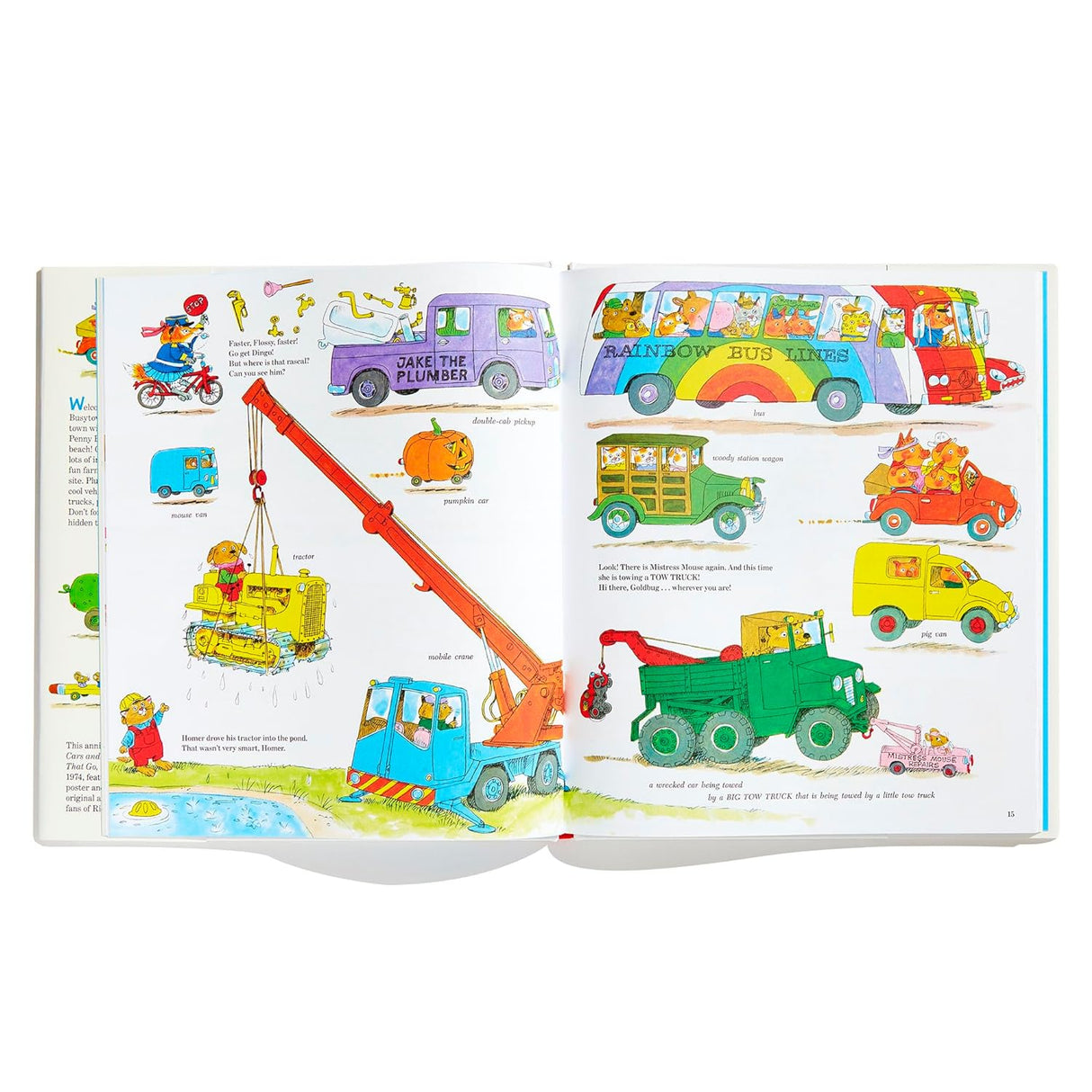 Richard Scarry's Cars and Trucks and Things That Go 50th Anniversary Edition open to colorful Busytown vehicle illustrations.