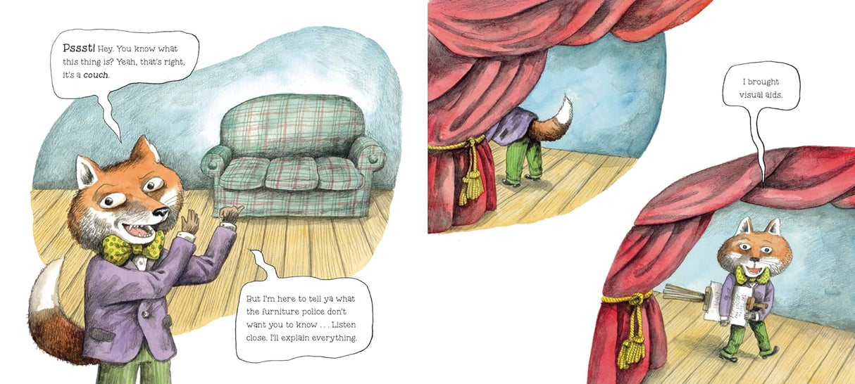 Illustration from The Truth About the Couch showing a talking fox explaining couch secrets on a stage with curtains.