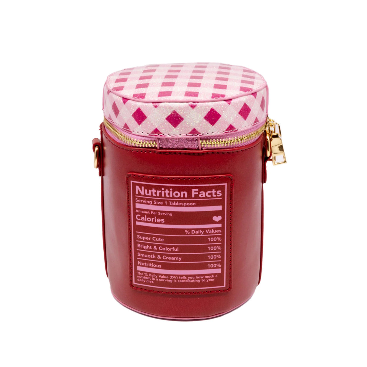 Handbag | Strawberry Jelly That's My Jam! shaped like a jar with pink checkered lid and nutrition facts label design.
