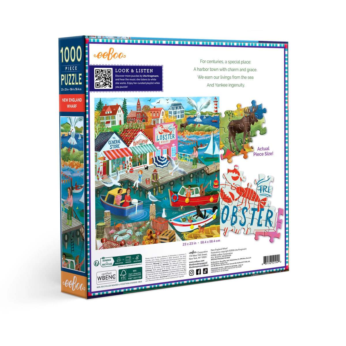 1000pc New England Wharf Puzzle box featuring a colorful New England harbor and lobster wharf scene
