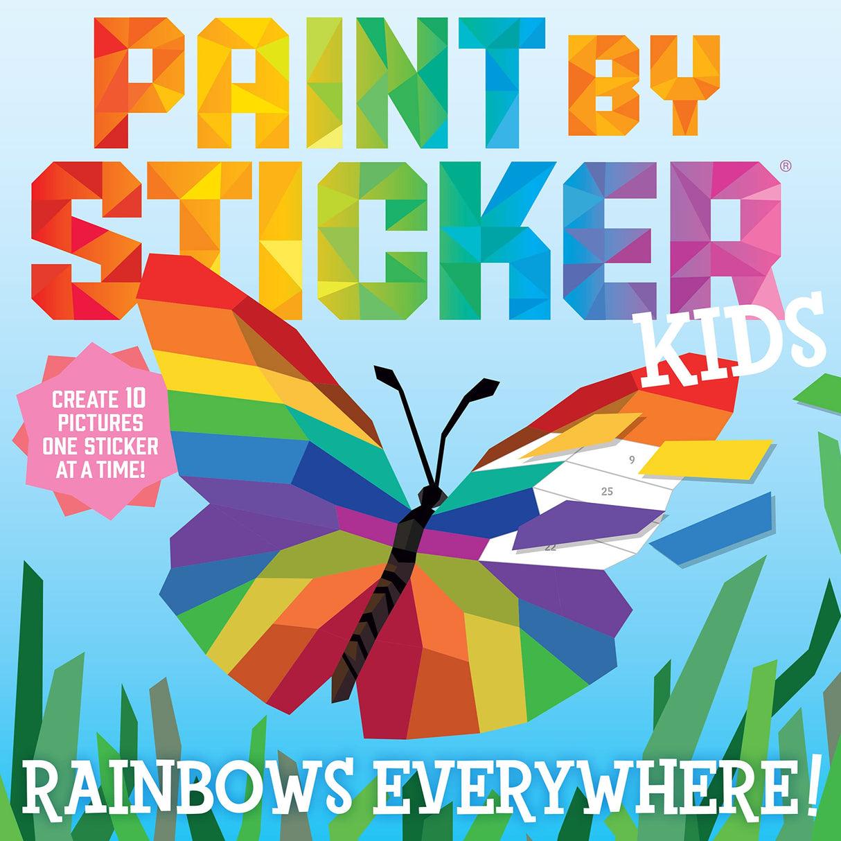 Kids Paint by Sticker Rainbows features a colorful butterfly made with stickers, perfect for creative kids.