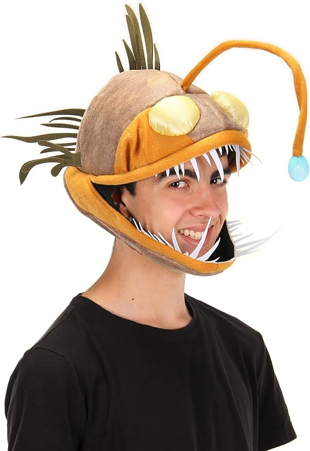 Person wearing the Light-Up Angler Fish Jawesome Hat with soft materials and lighted esca on head.