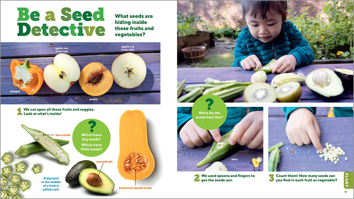 We Garden Together: Projects for Kids showing a child exploring seeds in fruits and vegetables hands-on activity.