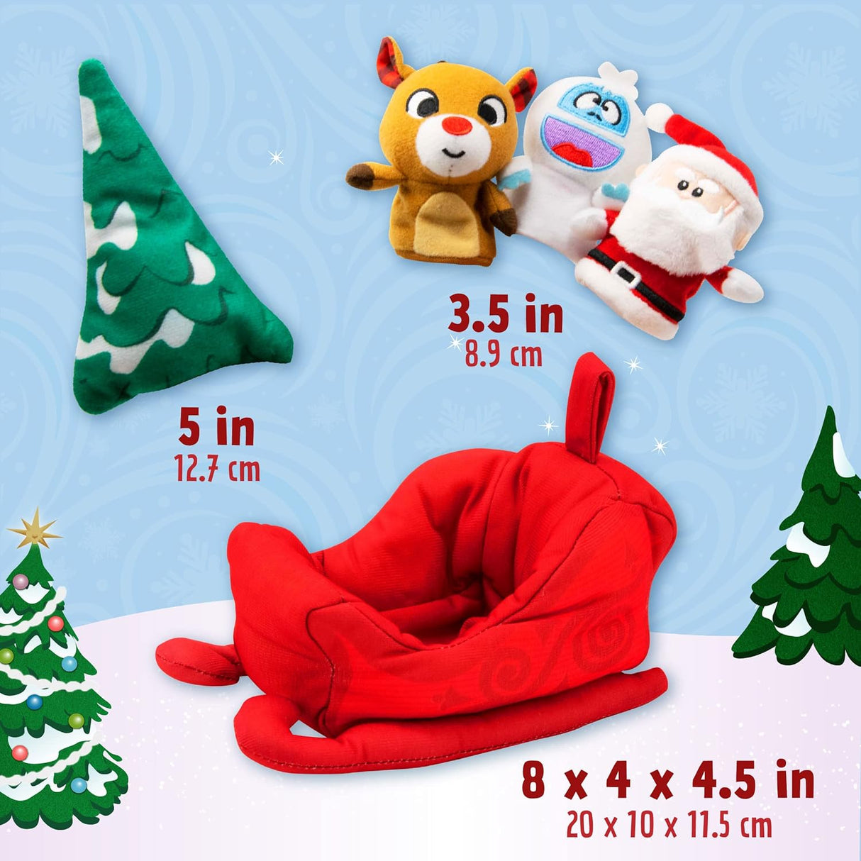 Rudolph | Plush Playset featuring soft finger puppets of Rudolph, Santa, Snowman, Christmas tree, and sleigh for holiday fun.
