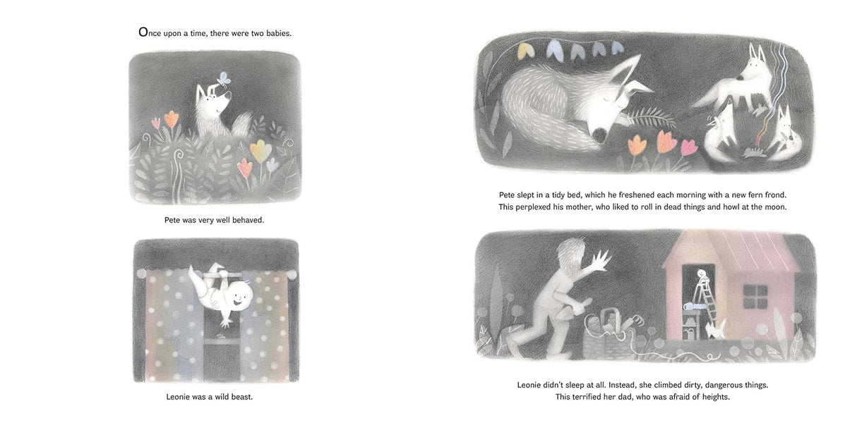 Pete and Leonie The Great Baby Swap illustration showing a coyote and human baby in whimsical forest and home scenes.
