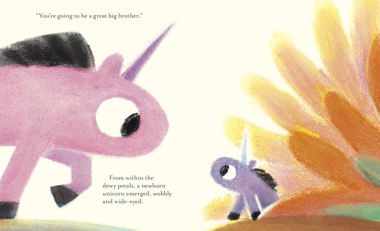 Illustration of a pink and small unicorn near a flower, from the book Teeny-Weeny Unicorn's Great Big Wish.