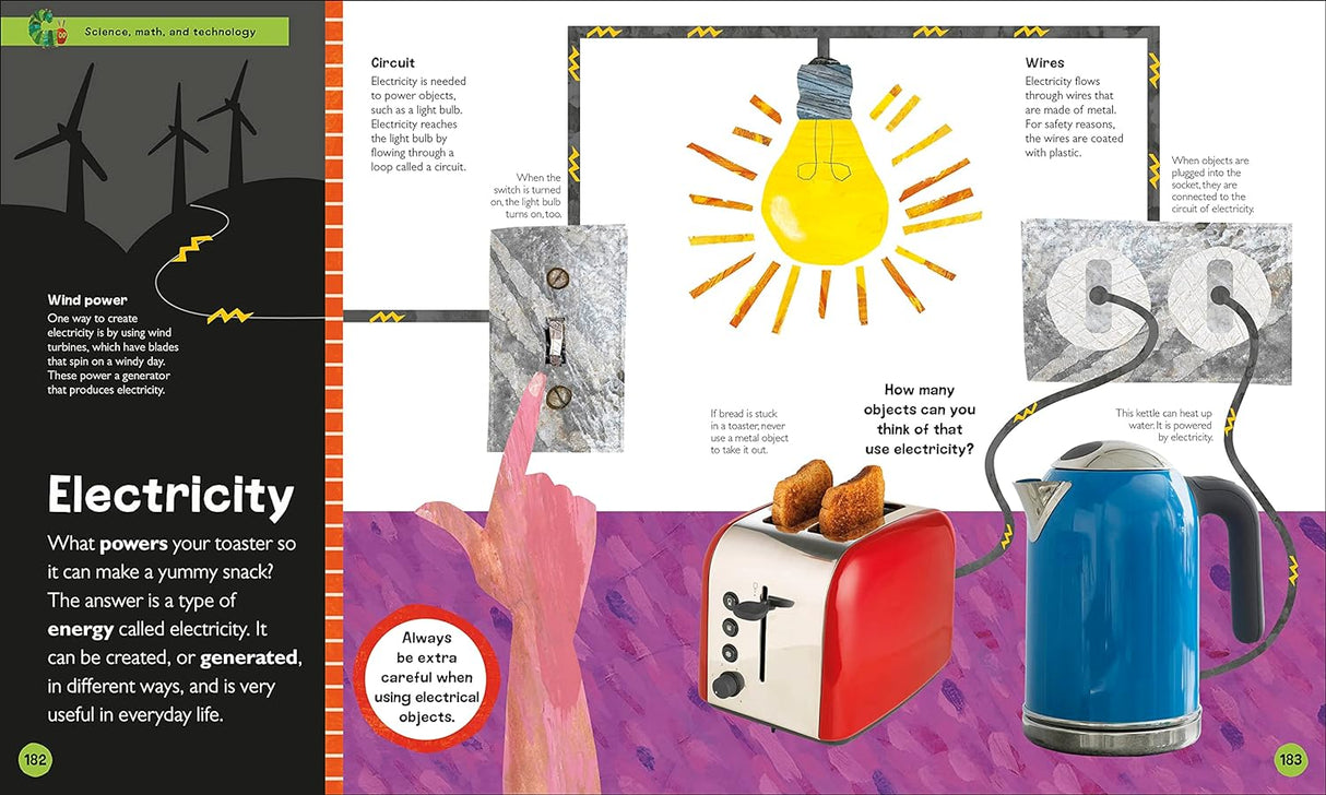 Very Hungry Caterpillar's Very First Encyclopedia page on electricity with colorful illustrations and simple explanations for kids.