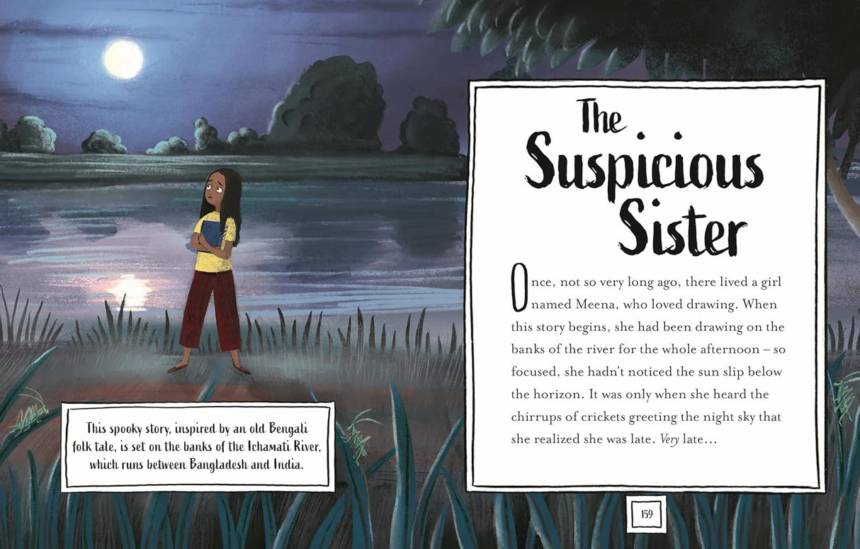 Illustrated Spooky Stories book page featuring The Suspicious Sister beside a moonlit river