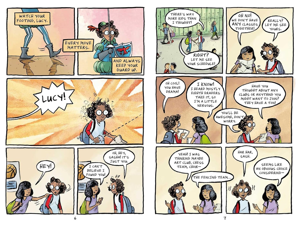 Duel book scene showing Lucy learning fencing tips and talking with friends about school and the fencing team.