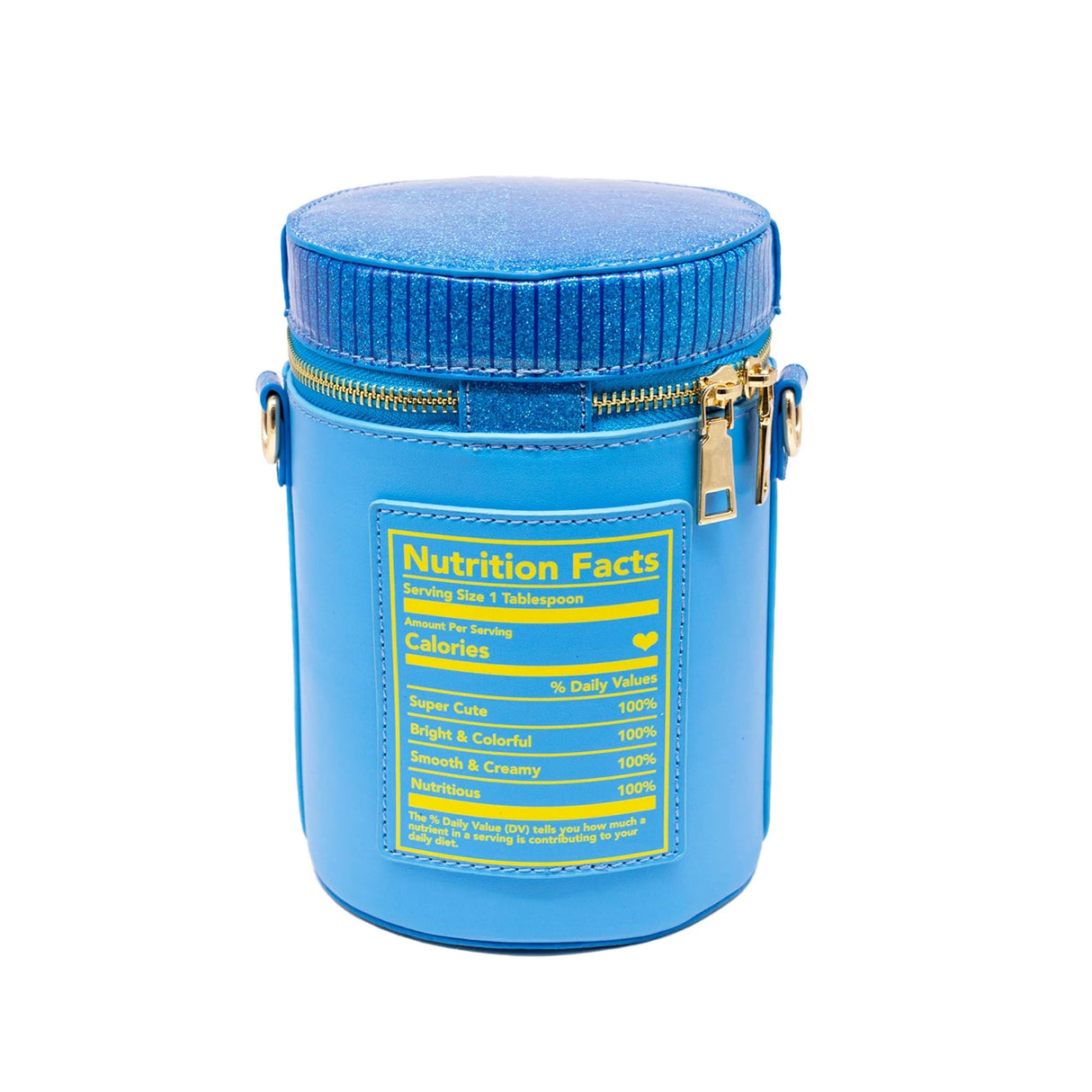 Handbag | Creamy Peanut Butter in bright blue with playful nutrition facts design and zipper closure.