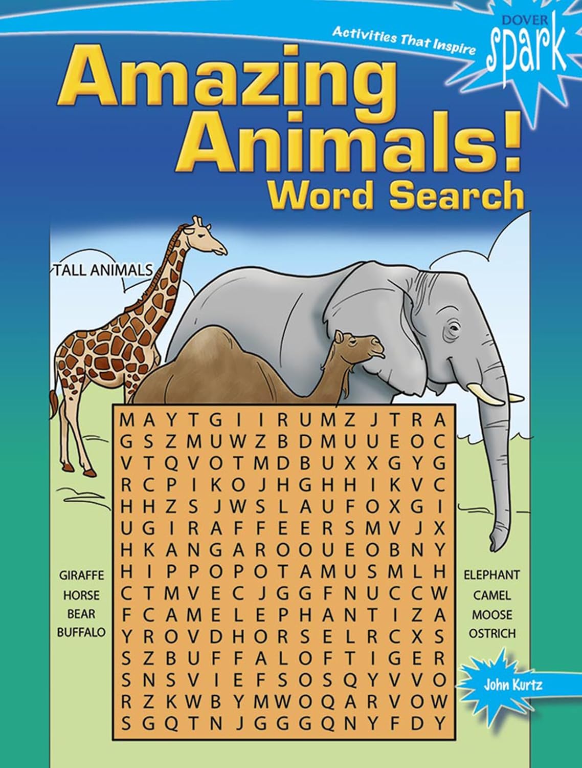 Colorful word search puzzle featuring animals like giraffe, elephant, camel, and buffalo with a friendly jungle background.