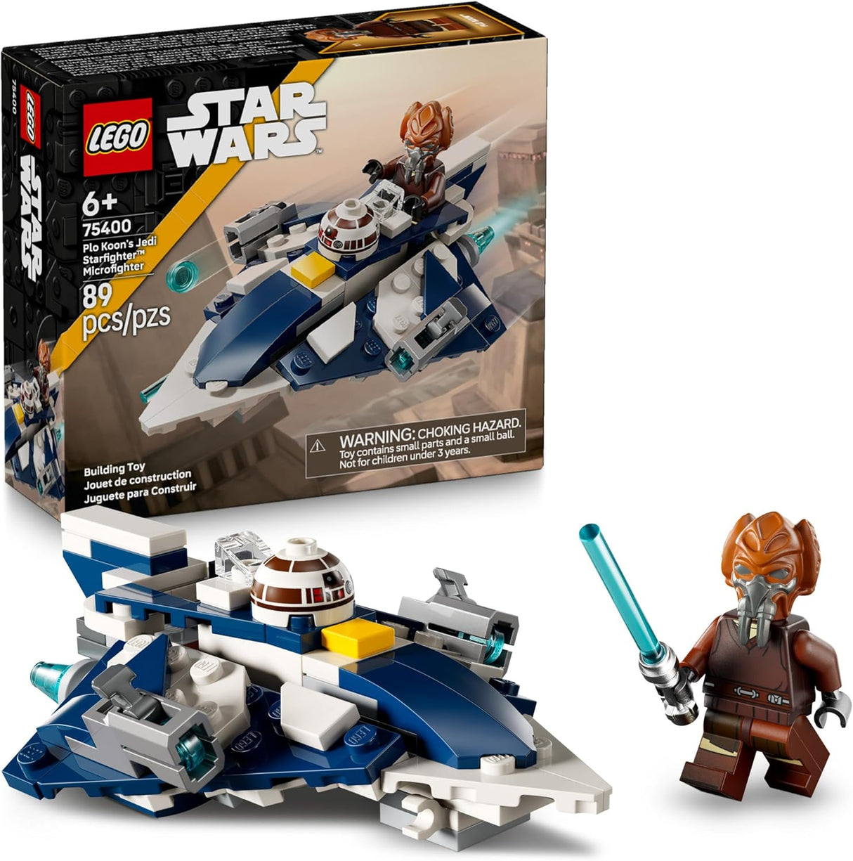 LEGO Star Wars Plo Koon's Jedi Starfighter Microfighter with minifigure, compact build, and stud shooters for kids ages 6 plus