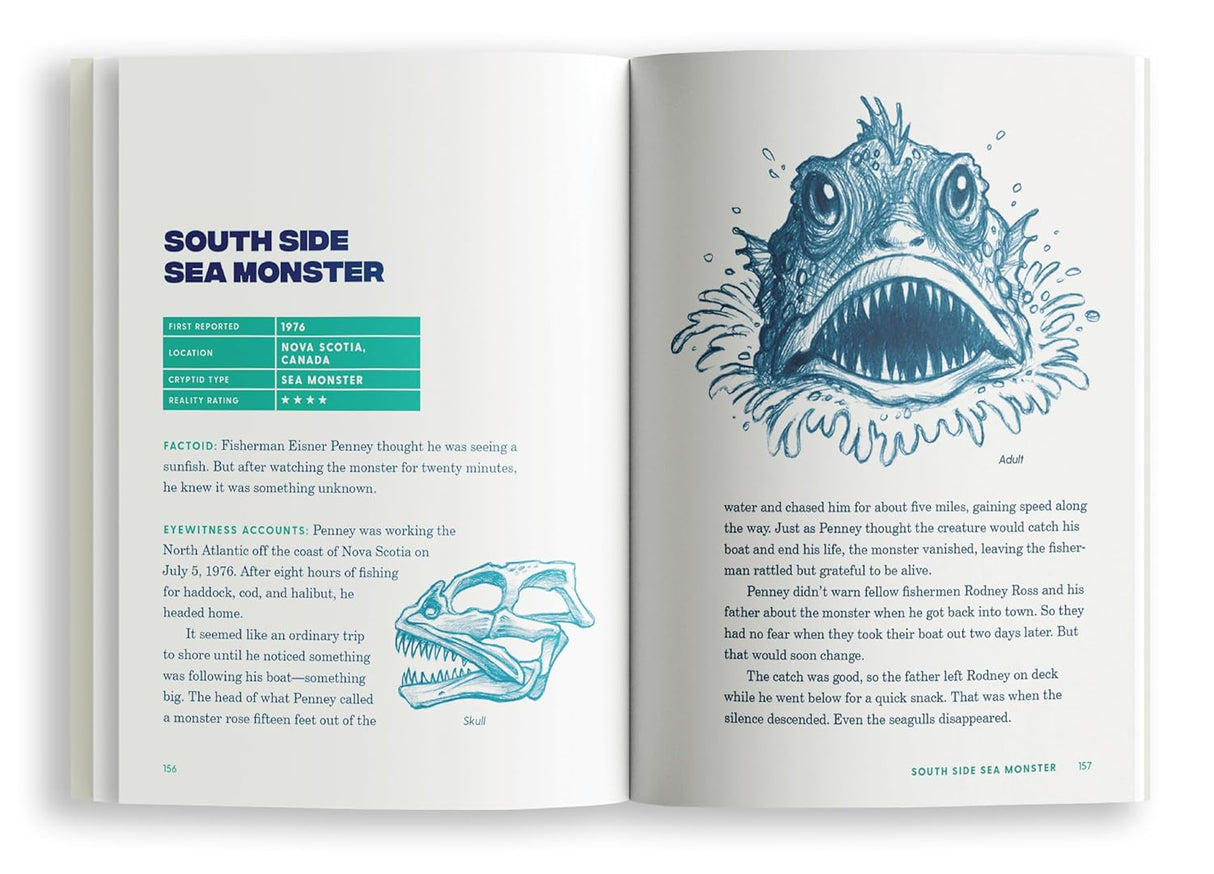 Two page spread with information and illustrations of the South Side Sea Monster. Information includes a Factoid and Eyewitness Accounts.