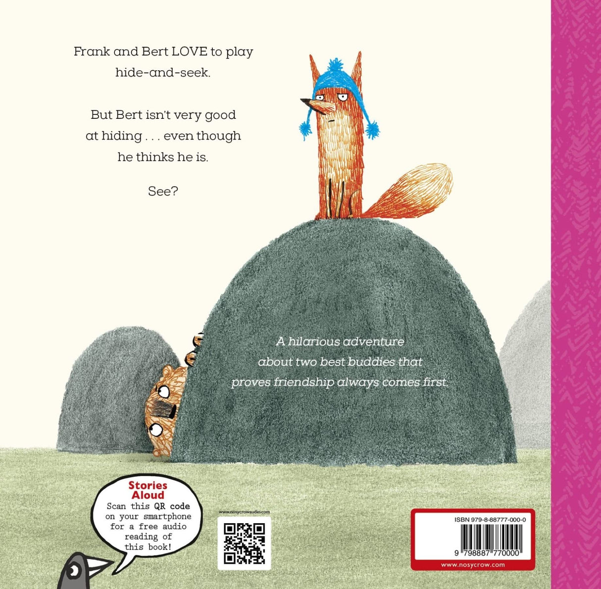 Frank and Bert playing hide-and-seek with Bert hiding behind a rock in the Frank and Bert book.