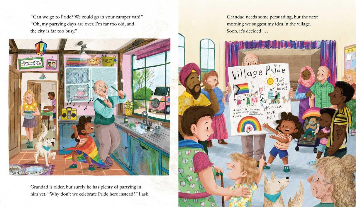 Grandad's Pride illustration of diverse community preparing for a joyful village Pride parade with rainbow flags and smiles.