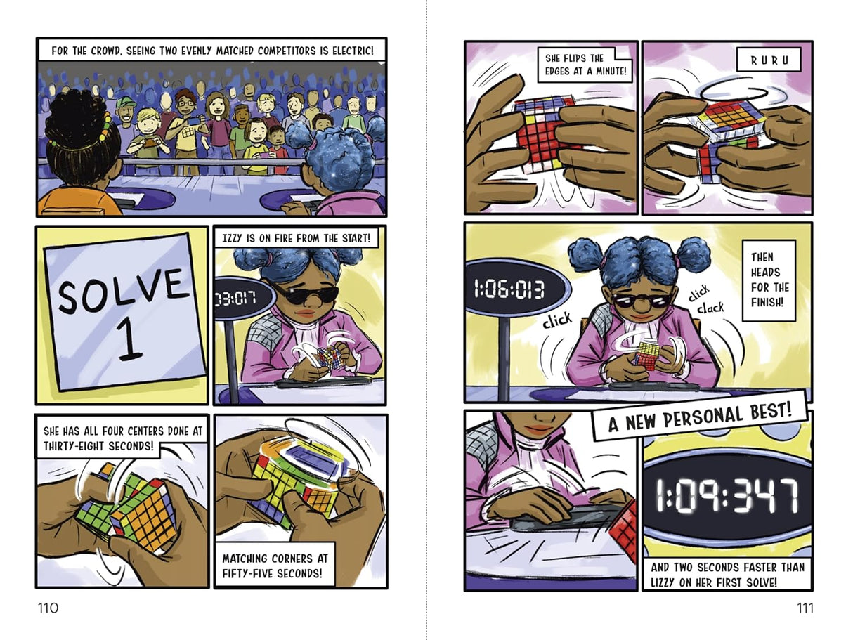 Lucky Scramble graphic novel pages showing intense Rubik’s Cube speed solving competition with young contestants.