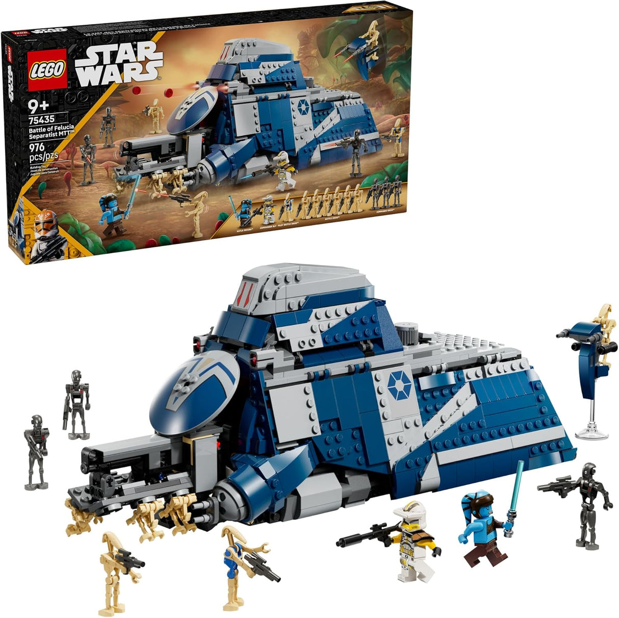 LEGO Star Wars Battle of Felucia Separatist MTT set with minifigures and detailed jungle battle scene elements.