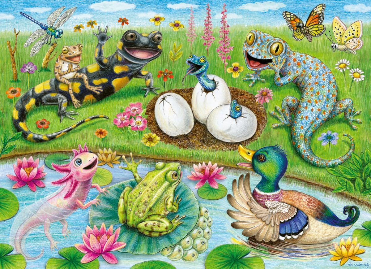 60pc Hello Hatchlings Puzzle showing colorful pond animals with hatchlings emerging from eggs in a vibrant outdoor scene.