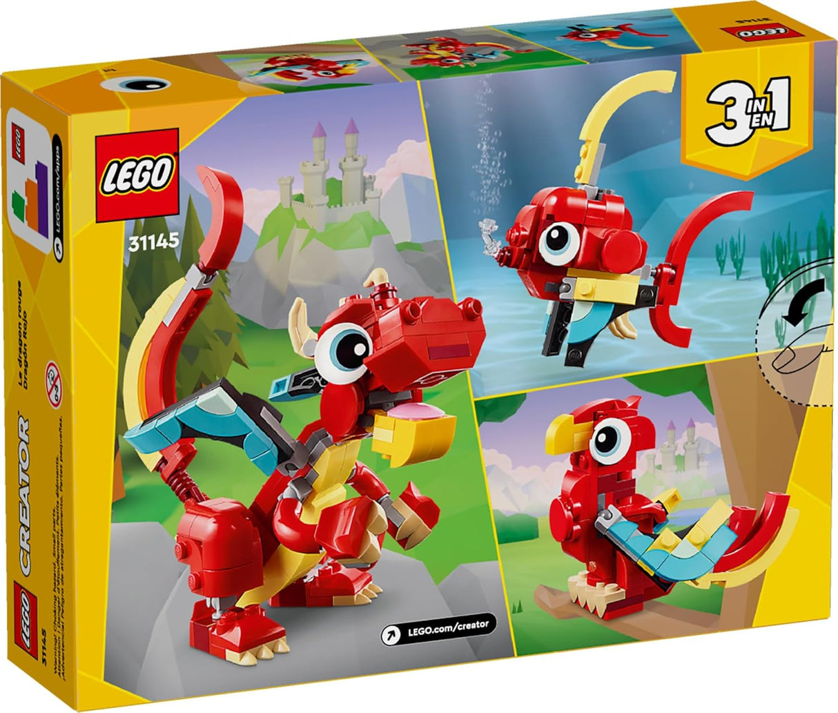 Box of LEGO Creator 3 in 1 set featuring a red dragon, colorful phoenix, and fish toy with posable parts for creative play.