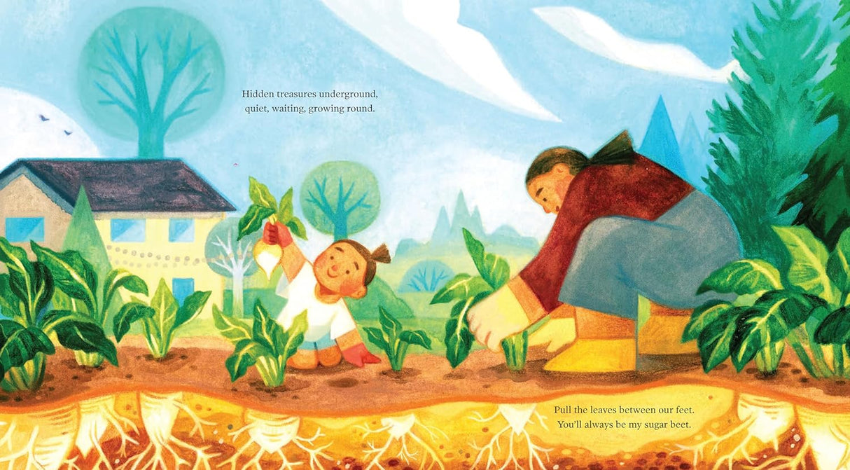 Illustration from You'll Always Be My Chickadee showing a child and caregiver harvesting plants in a garden under a blue sky.