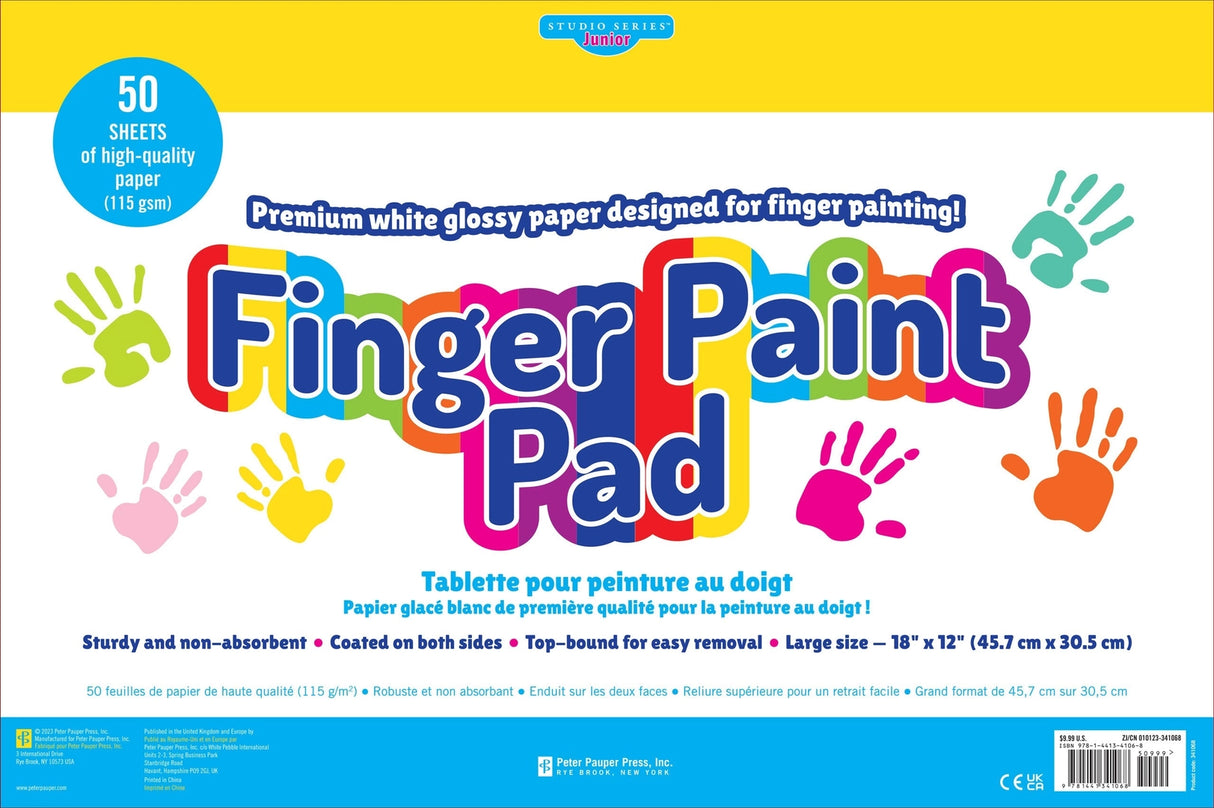 Bright colorful cover of a junior finger paint pad with 50 sheets of premium glossy thick paper for painting.