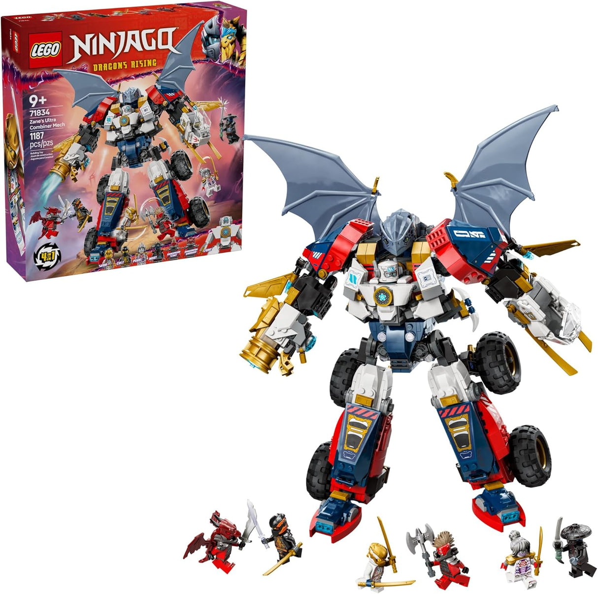 LEGO Ninjago Zane’s Ultra Combiner Mech with posable wings, arms, and six ninja minifigures from Dragons Rising set.