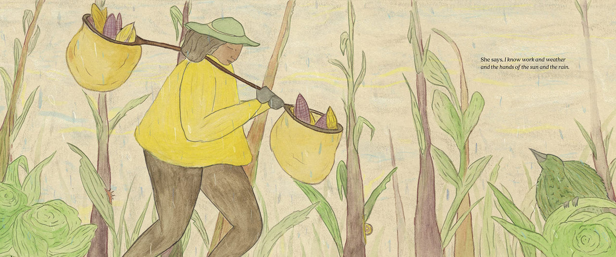Illustration from What Do You Know? showing a person in yellow harvesting amidst tall plants in a poetic nature scene.