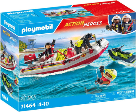 Action Heroes | Fireboat with Water Scooter playset with firefighter figures, rescue dog, and floating boat for water missions.