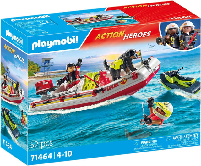 Action Heroes | Fireboat with Water Scooter playset with firefighter figures, rescue dog, and floating boat for water missions.