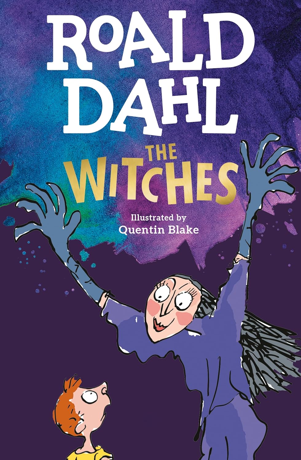 Cover of The Witches by Roald Dahl showing a witch looming over a curious boy, illustrated by Quentin Blake.
