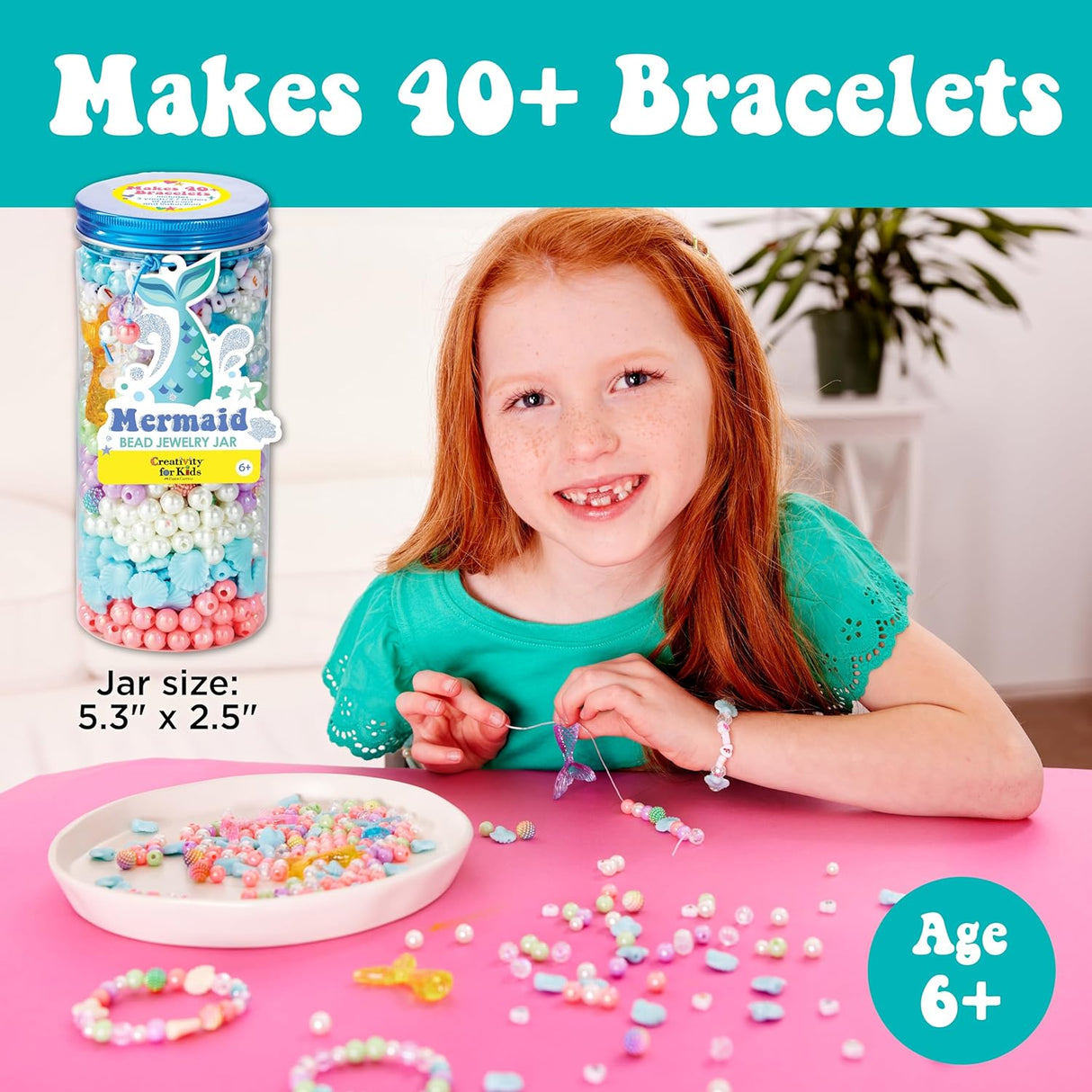 Bead Jewelry Jar | Mermaid with colorful beads and bracelets for creative DIY friendship bracelet making, ages 6 and up.