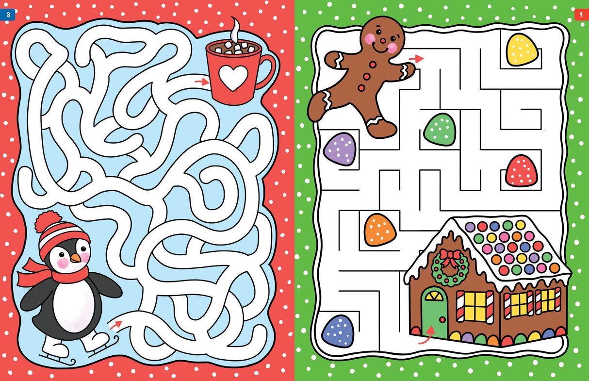 Challenging Mazes for Clever Kids featuring colorful mazes with a penguin and gingerbread theme for ages 4-8.