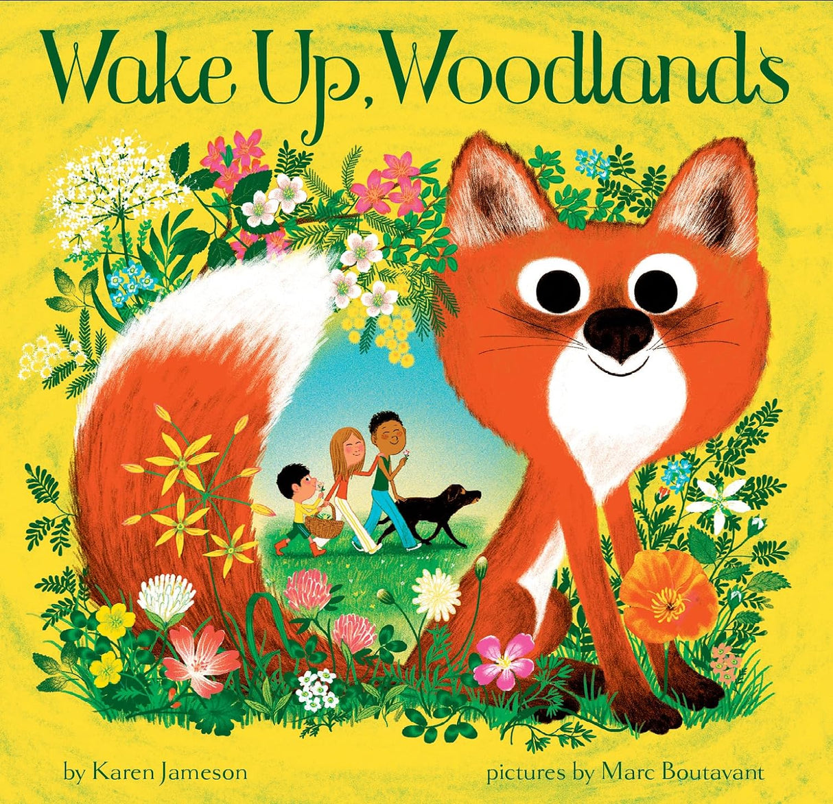 Wake Up, Woodlands book cover with a large illustrated fox and children surrounded by colorful spring flowers.
