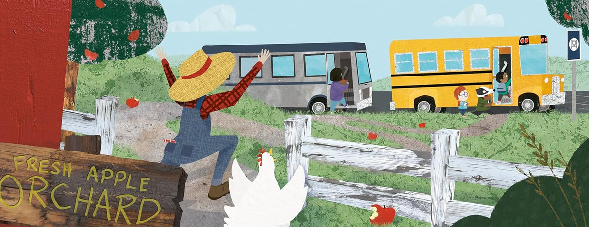 Proper Badger Would Never Trash the Classroom! shows a farm scene with kids boarding a school bus near an apple orchard.