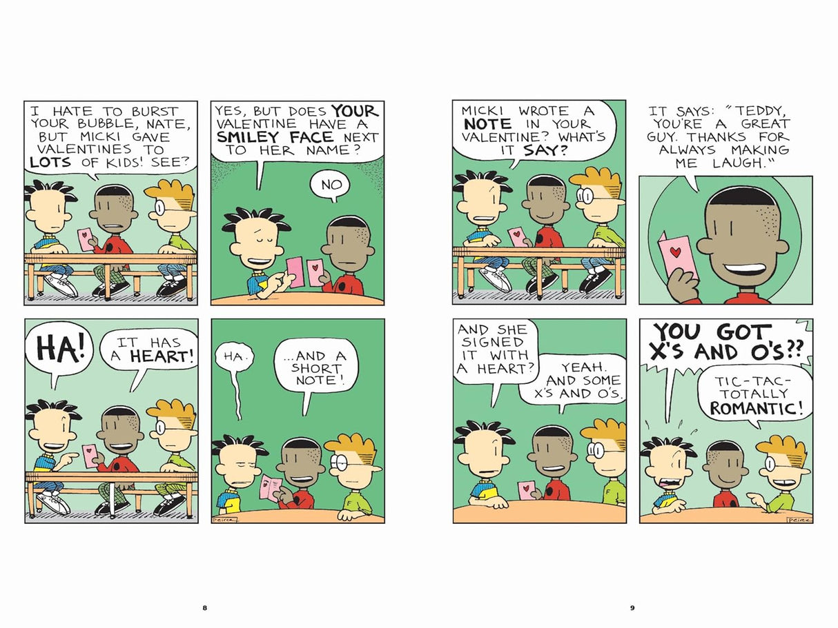 Big Nate #32 Attack of the Cheez Funk Breath comic strip shows Nate and friends with funny Valentine’s Day notes.