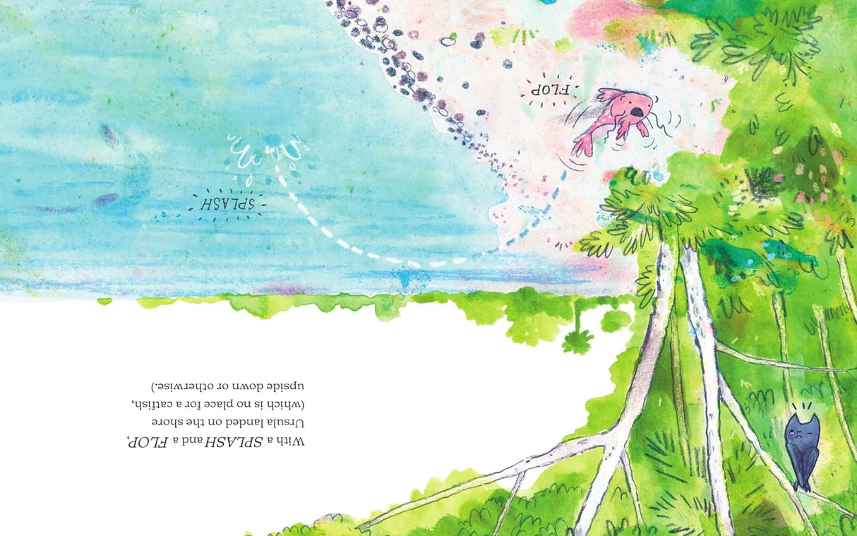 Illustration from Ursula Upside Down showing a pink shrimp jumping near riverbank and trees in a flipped perspective.