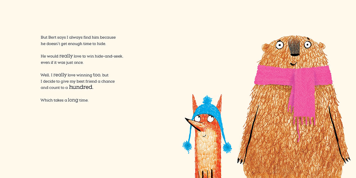 Illustration from Frank and Bert showing Bert the bear with a pink scarf and Frank the fox wearing a blue hat playing hide-and-seek.