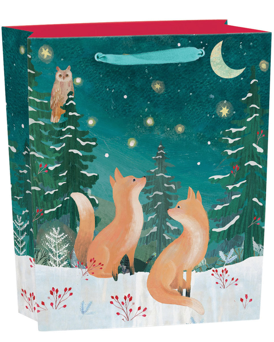 Moonlit Meadow Gift Bag Medium featuring foxes, owl, snowy trees, and moonlit night artwork by Kendra Binney.