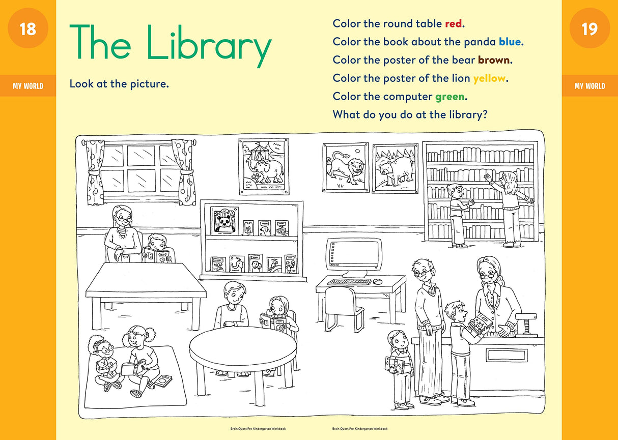 Brain Quest Workbook Pre-K showing a coloring activity page about a library with instructions for kids.
