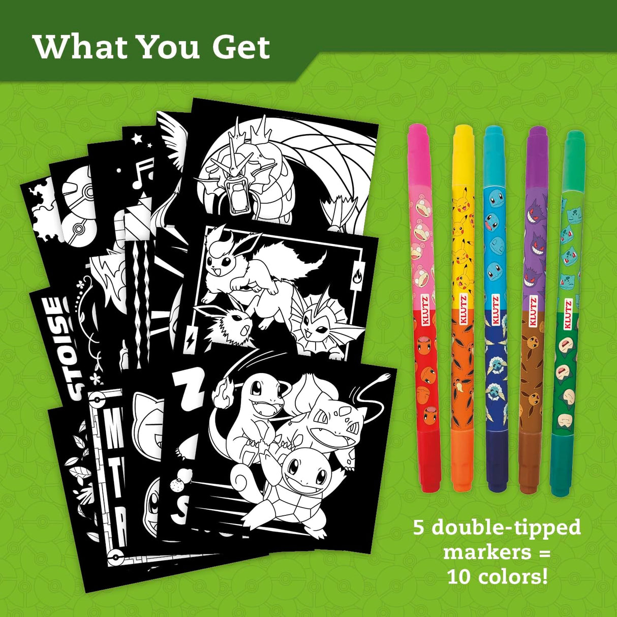 Pokemon Stained Glass Art featuring 18 colorable Pokemon designs and 5 double-tipped markers in 10 colors.