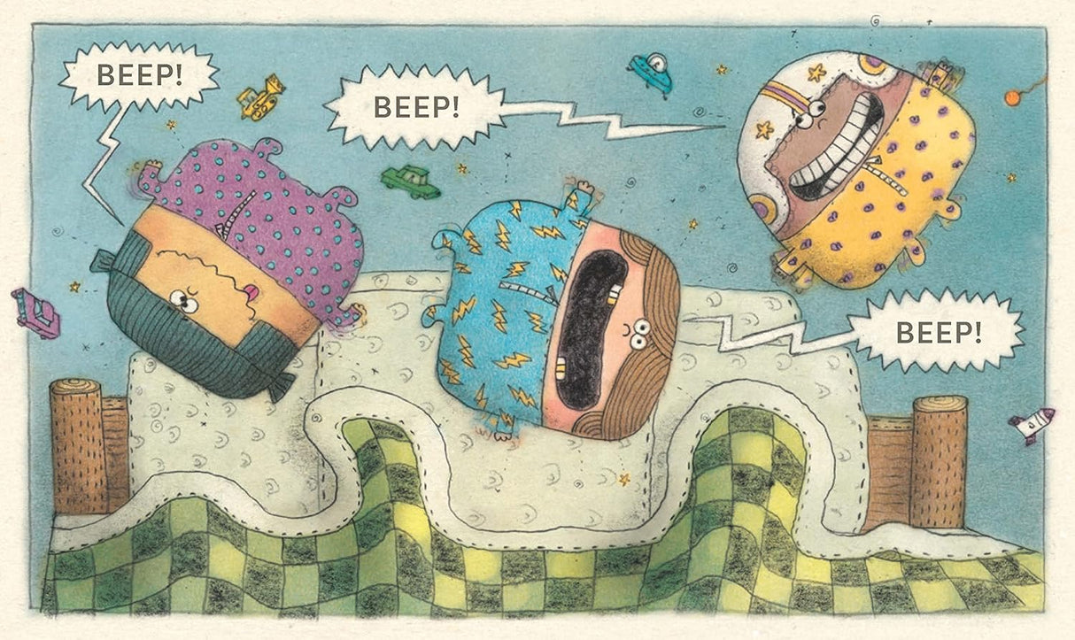 Illustration from Go-Go Guys showing colorful characters jumping and saying BEEP on a patterned landscape.