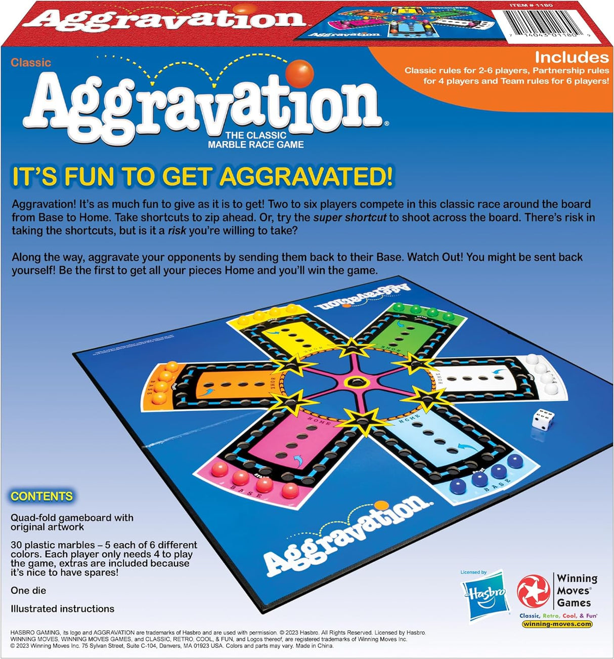Aggravation board game with colorful marbles and die on heavy duty gameboard for 2 to 6 players.