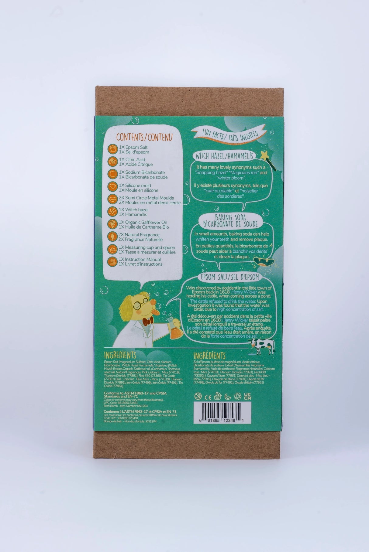 DIY Bath Bombs Kit packaging showing contents and fun facts about ingredients in green and brown box.