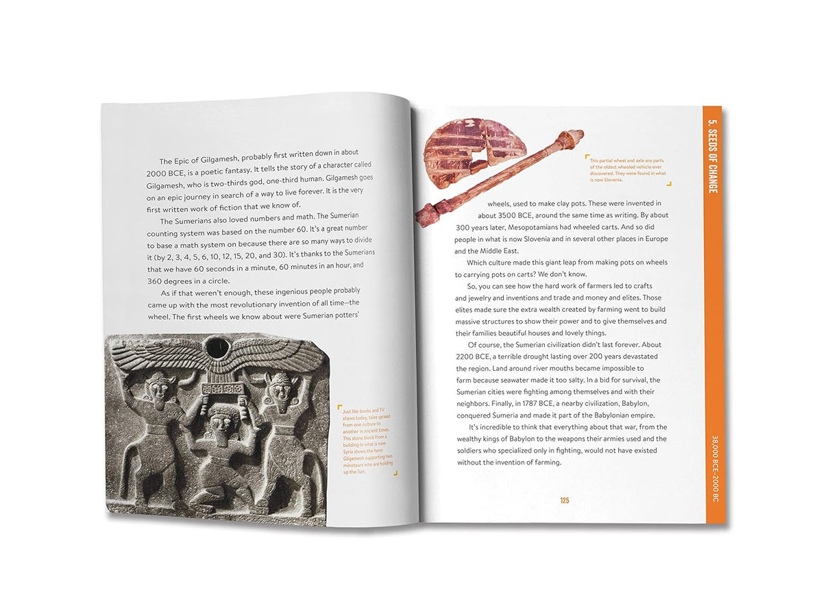 Absolutely Everything! New Edition book open to pages with historical images and text about ancient inventions and tools.