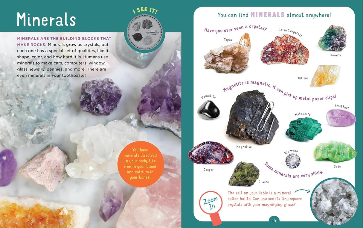 Backpack Explorer: Rock Hunt showing colorful minerals and crystals with educational prompts and a magnifying glass guide.