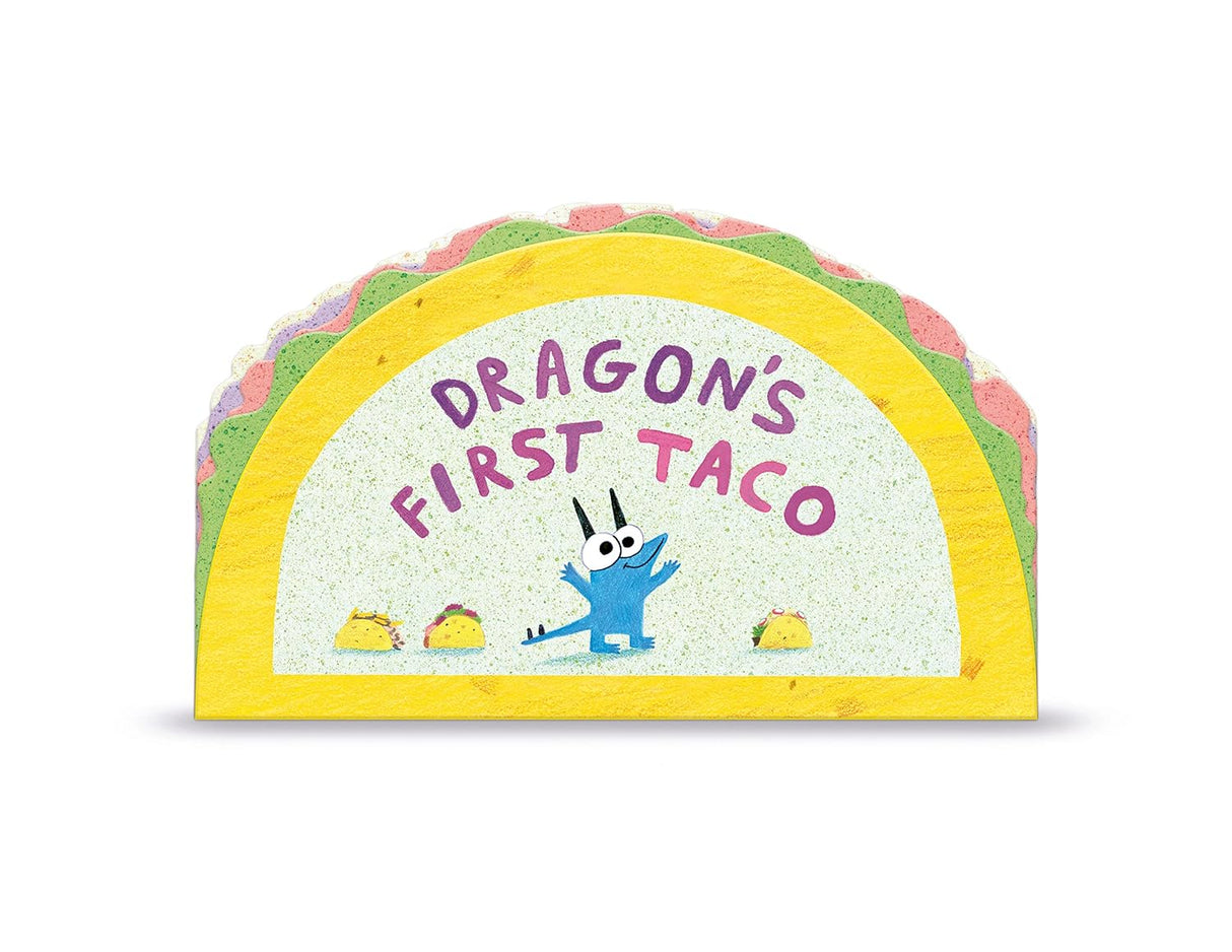 Dragon's First Taco board book shaped like a taco with a blue dragon and colorful toppings illustration.