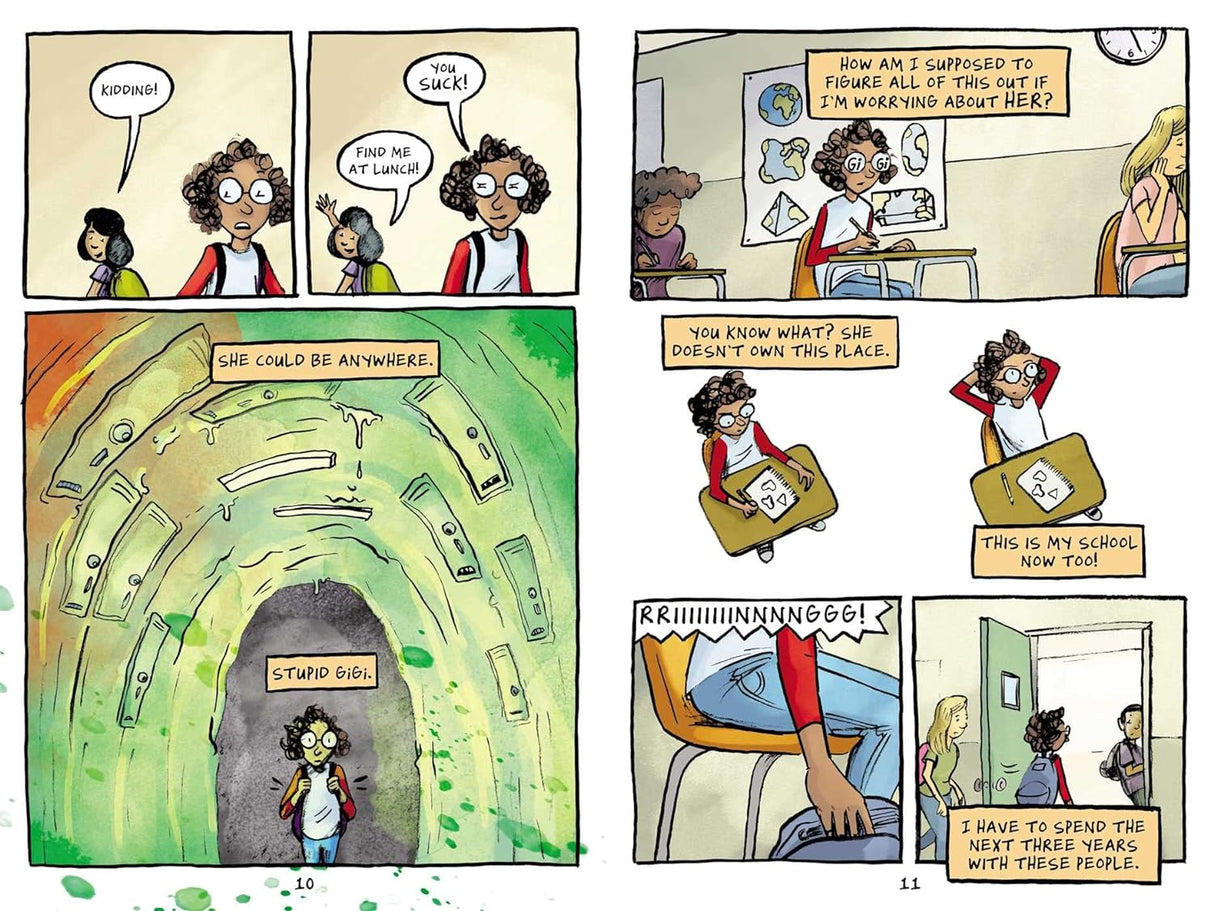 Comic-style school scenes from Duel showing Lucy dealing with conflict and feeling isolated in her new middle school.