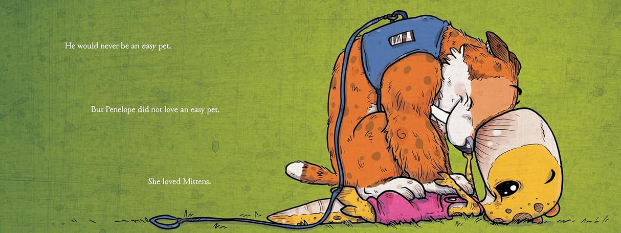 Penelope Rex and the Problem With Pets shows Penelope hugging her large, messy pet Mittens with a green background.