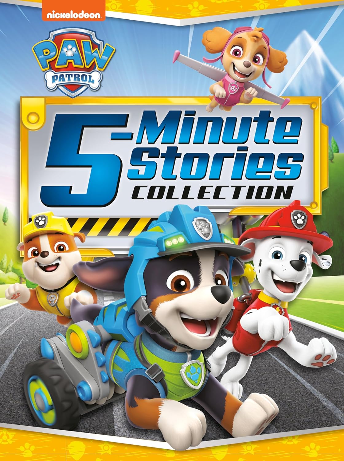 5 Minute Stories Paw Patrol padded storybook cover with Chase, Marshall, Skye, and Rubble in adventure action.