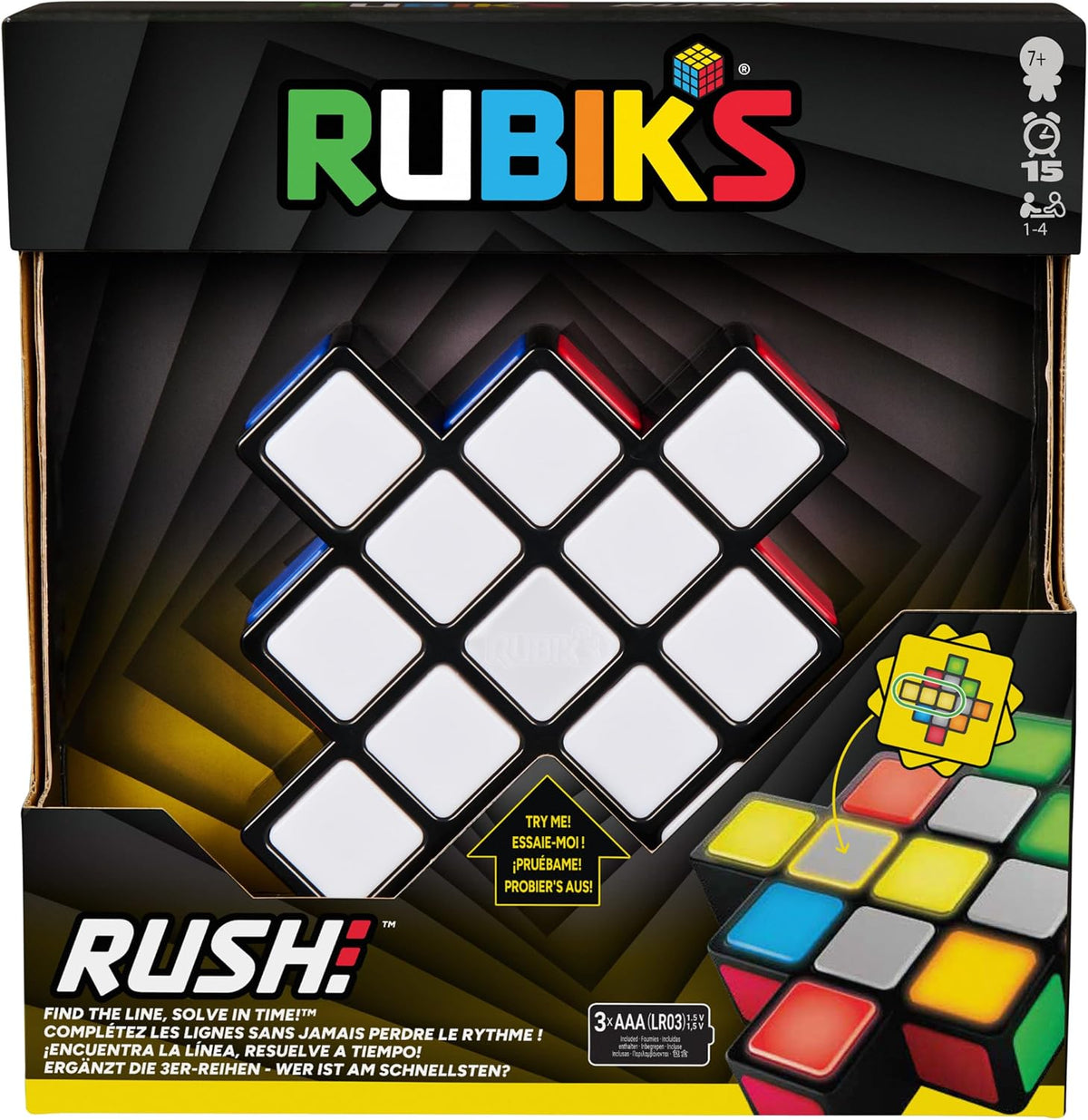 Rubik's Rush puzzle game packaging with colorful cube tiles for fast paced play